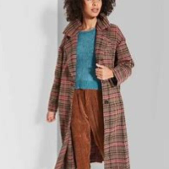 New Wild Fable Wool Blend Plaid Oversize Midi Coat Brown Tan Fuchsia Pink S / M - Picture 1 of 14